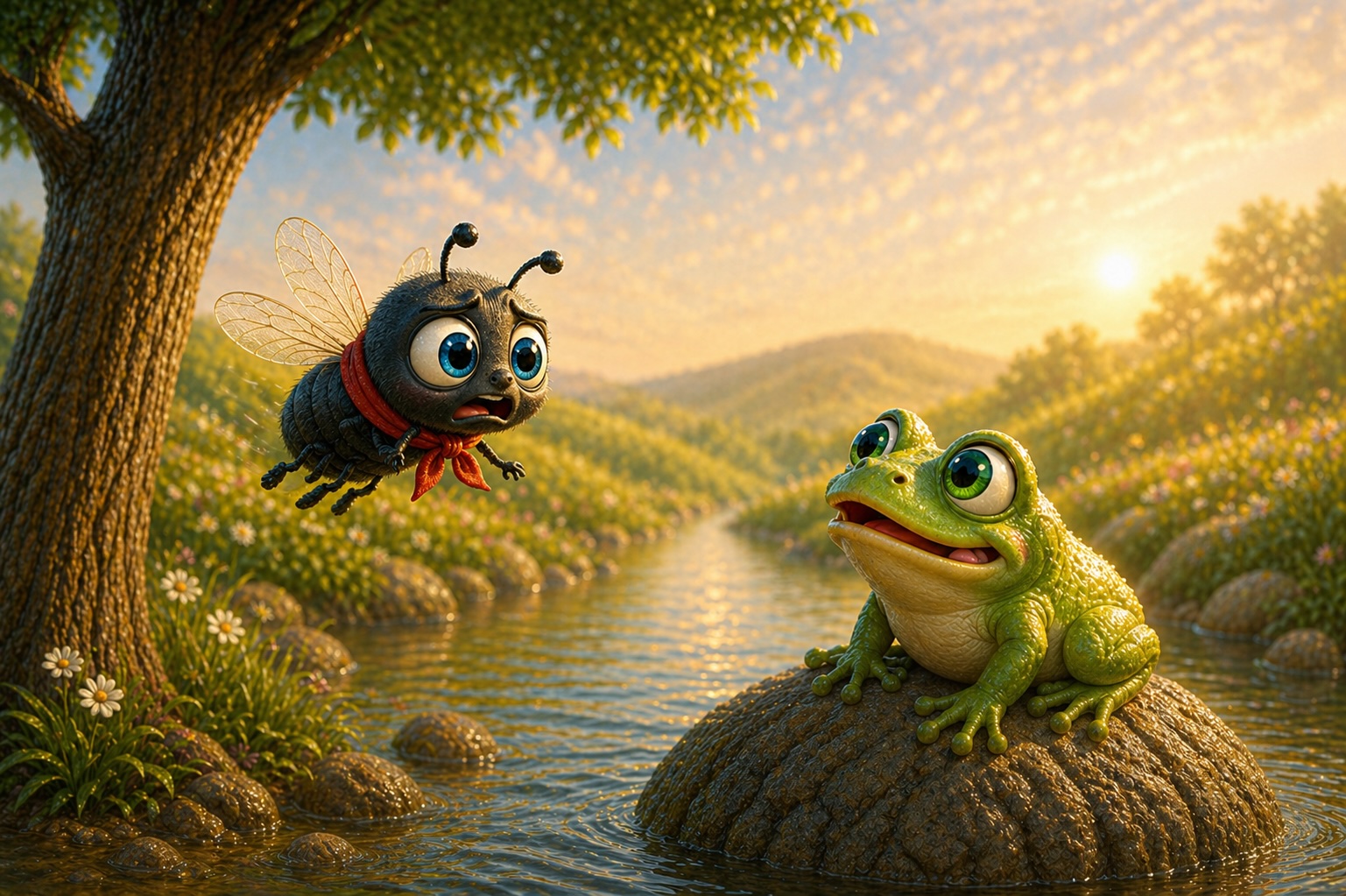 The little fly senses danger as the frog makes his move