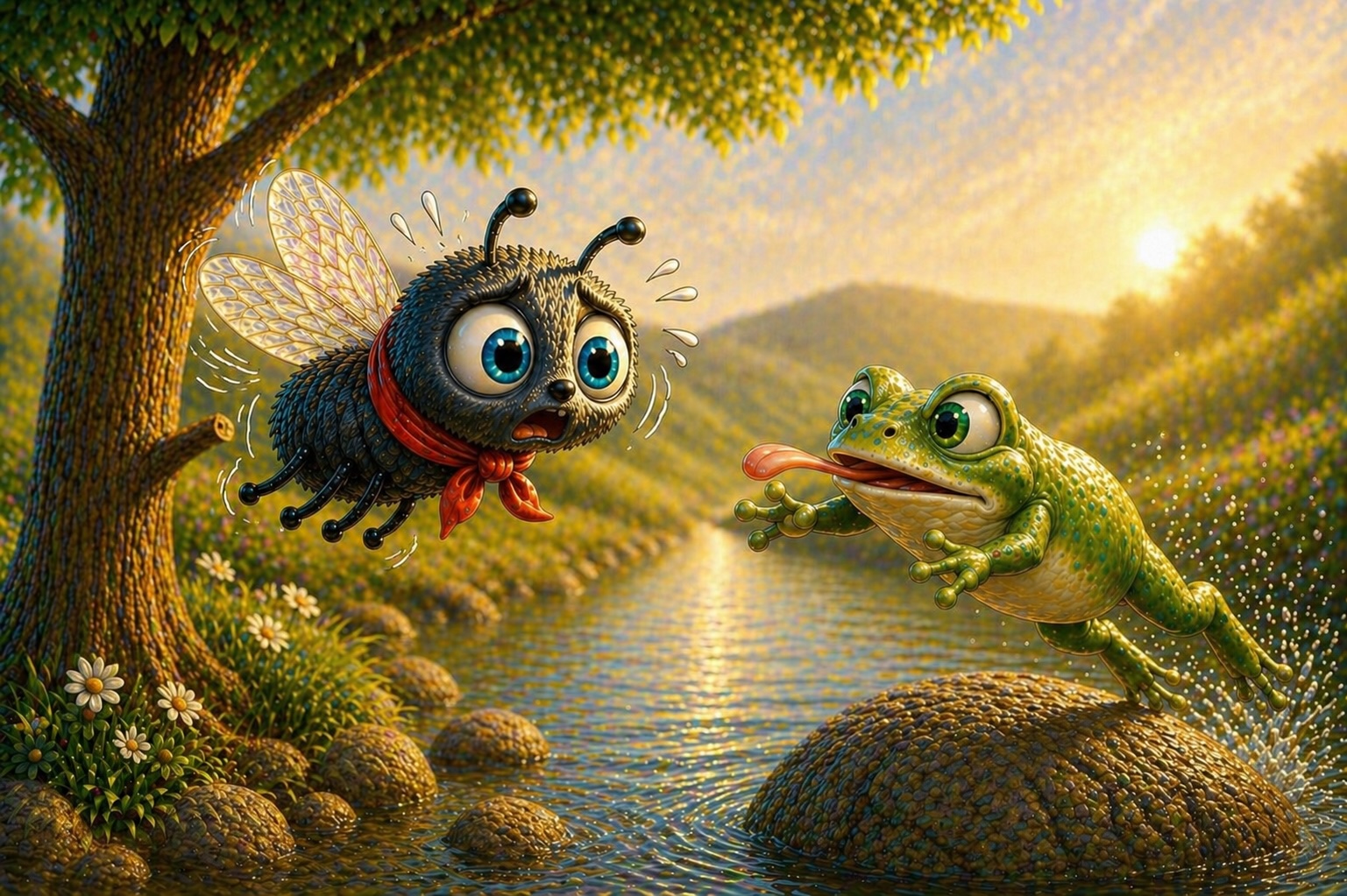 The startled little fly escapes as the greedy frog leaps