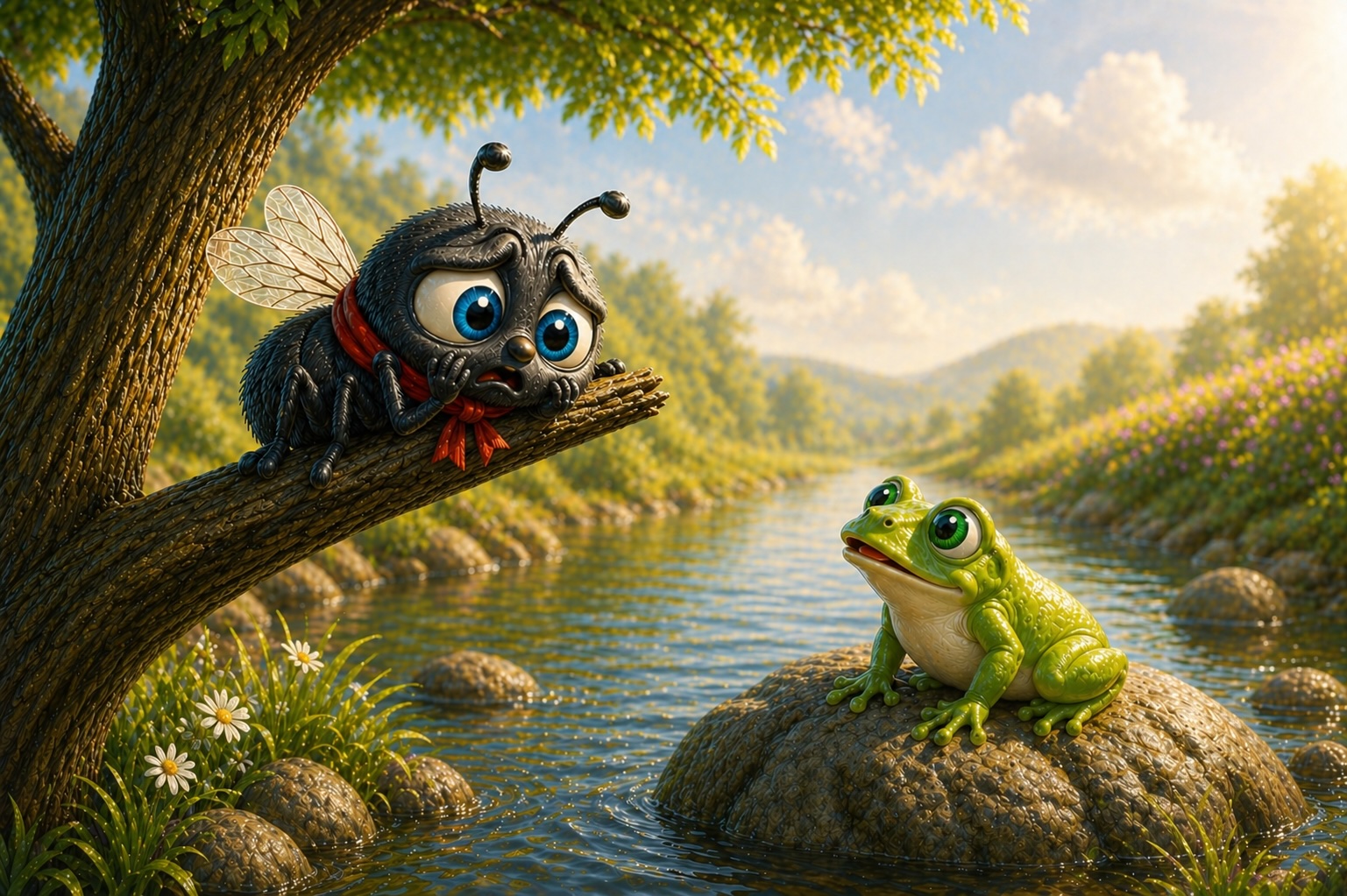 The little fly hides in the tree above the bank
