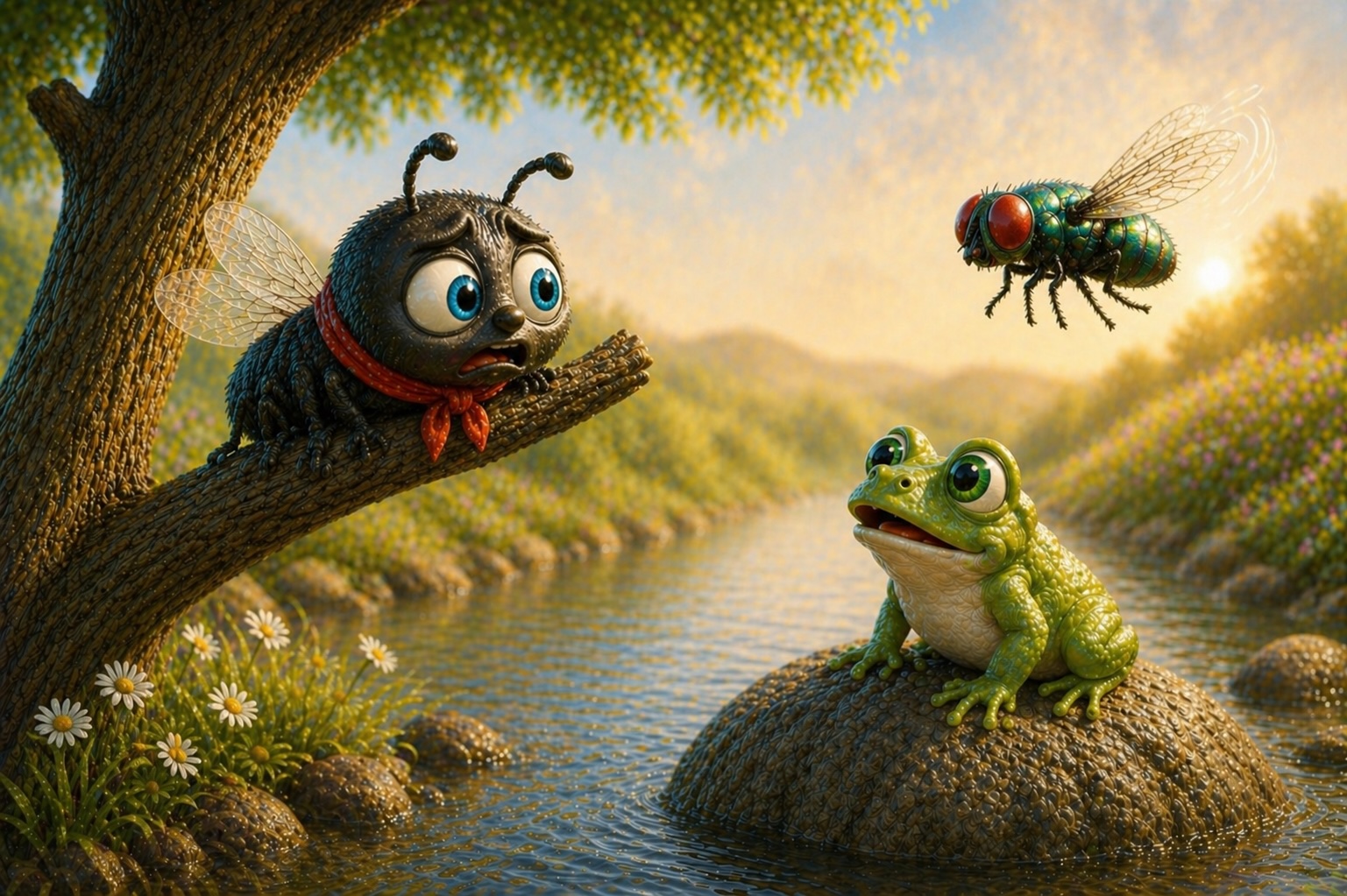 The little fly is safe but trembling, he sees a red-eyed blow fly!