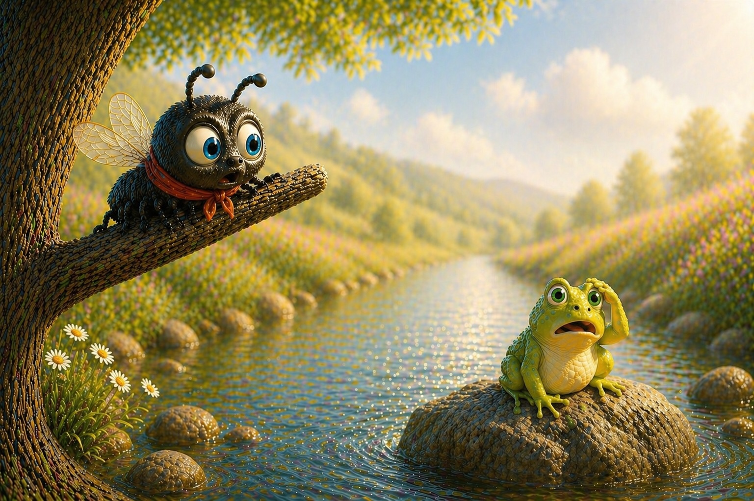 The frog searching while the little fly remains hidden